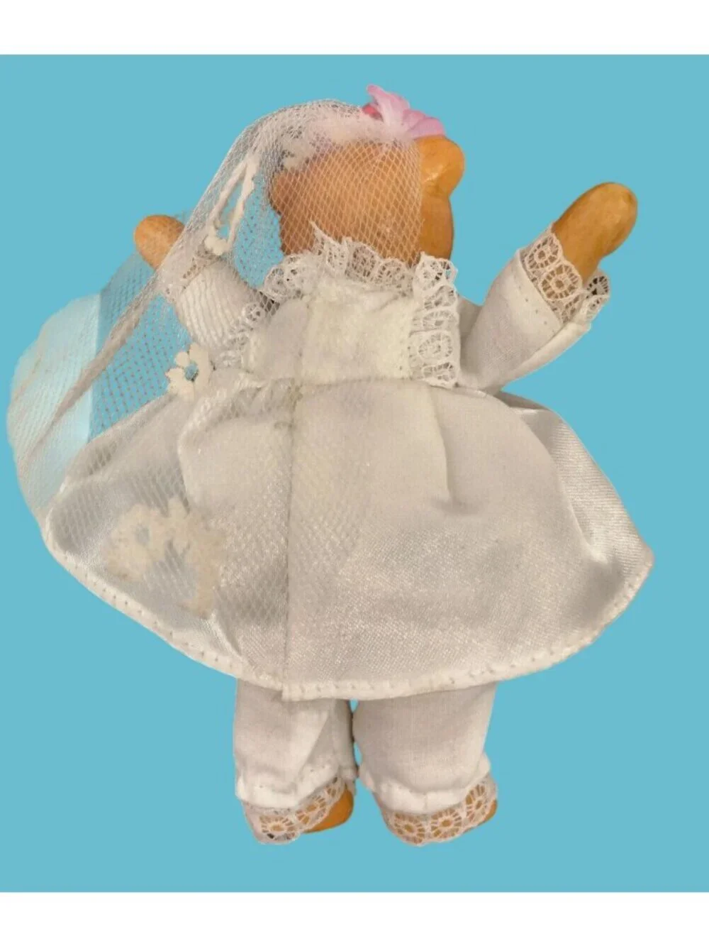 Bride Bear Figurine White Satin Dress Bridal Shower Lace Pink Floral 5 Inch